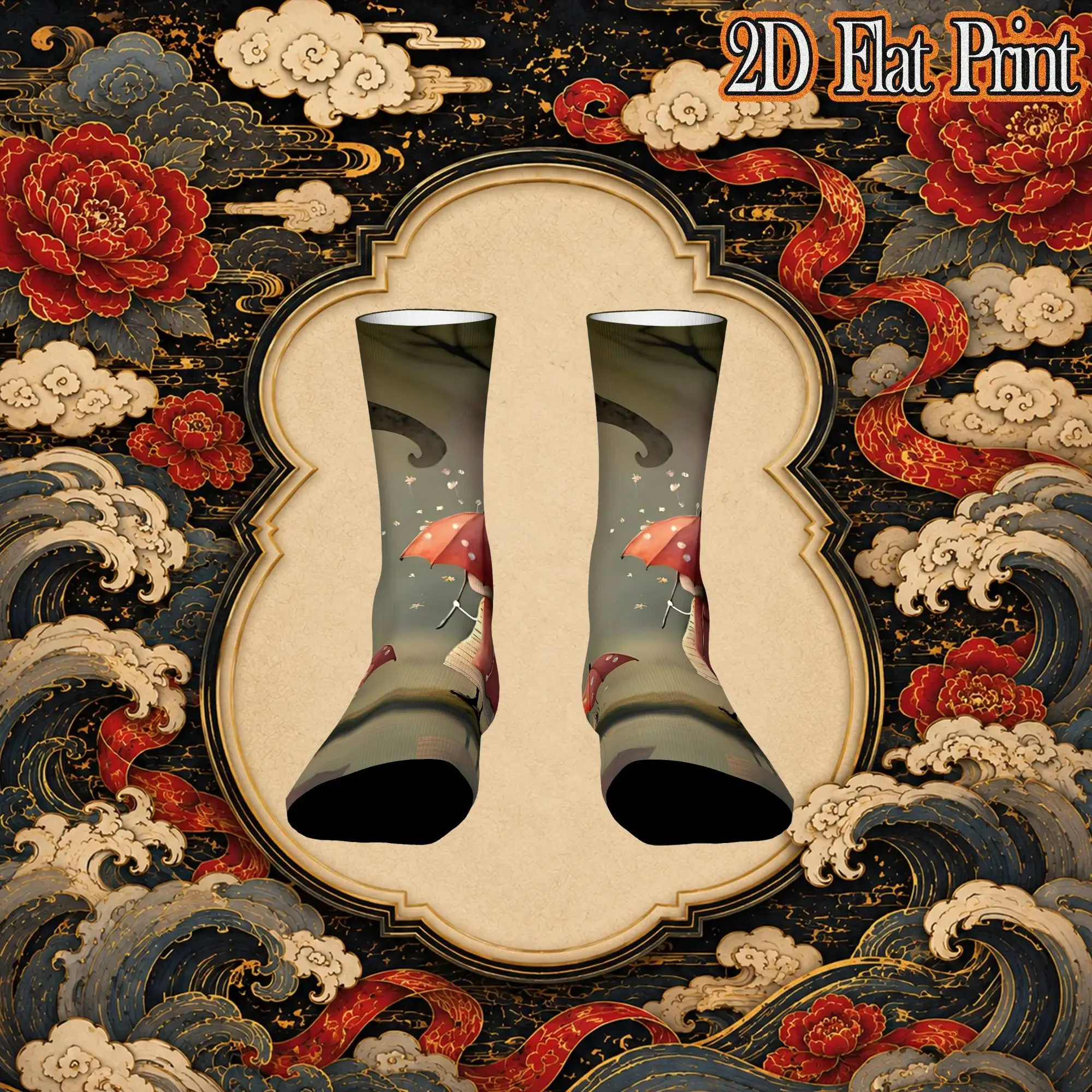 Fashion Retro Girl Red Umbrella Moon Print Crazy Men's  Crew Sock Unisex  Funny  compression Socks
