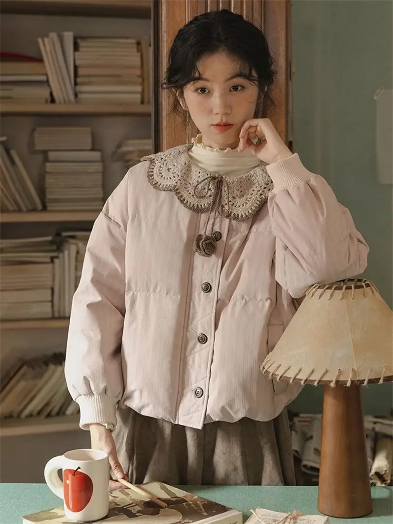 

Short Cotton Coat With Detachable Doll Collar Pink Female Winter New Style Sweet Literary Little Loose Short Coat Trendy