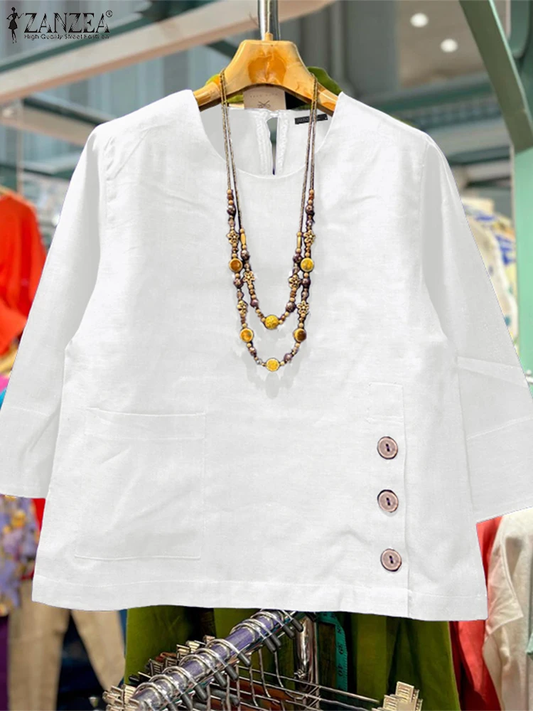 

ZANZEA Summer Blouse Women Casual Buttons Tunic Fashion 3/4 Lantern Sleeve Solid Color Tops 2025 Femininas O-Neck Pullovers