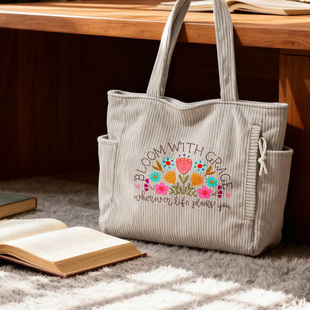 

Casual Corduroy Handbag with Zipper Closure, Large Capacity Fixed Shoulder Strap Daily Commuter Handbag, Shopping Bag, tote bag