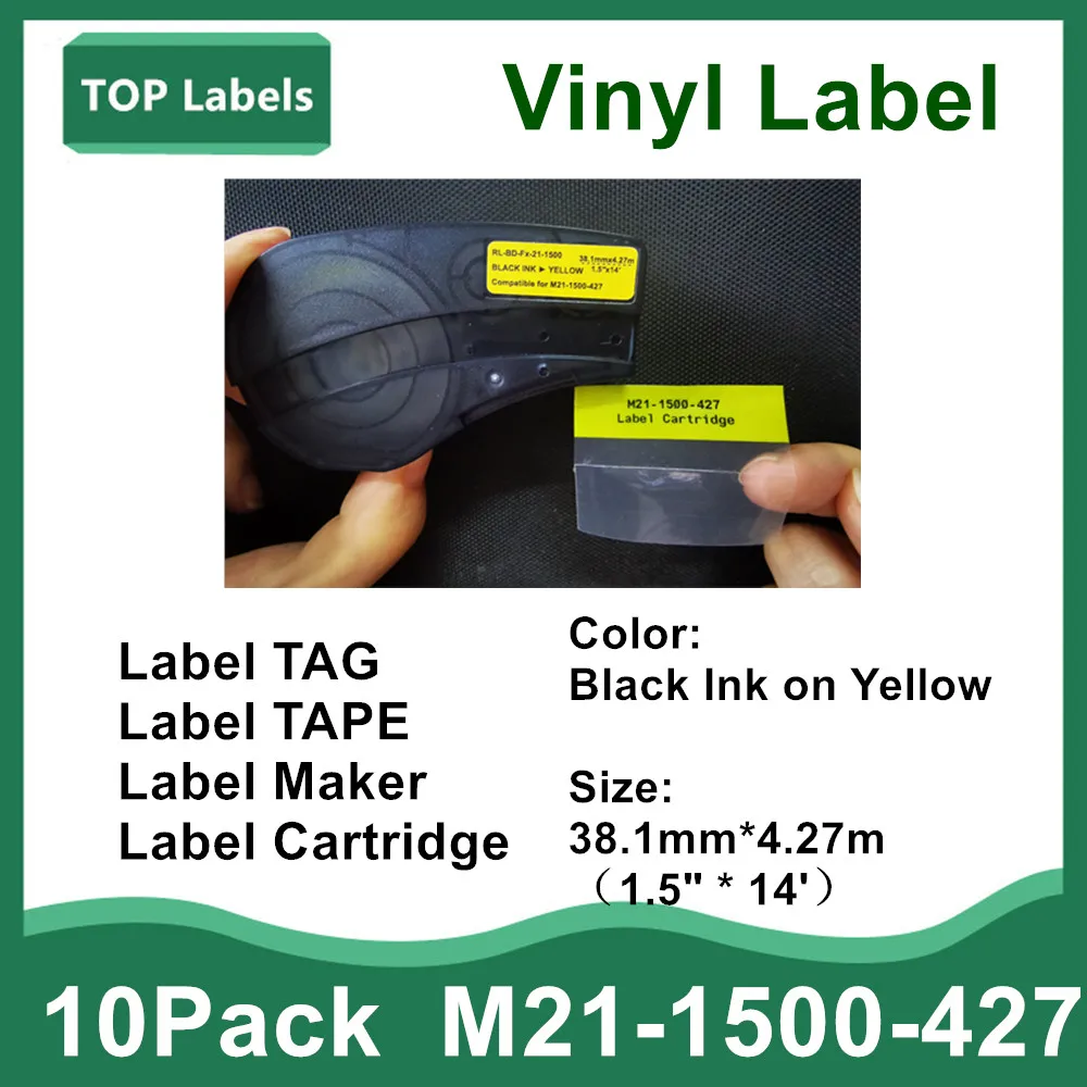 10PK BMP21 Vinyl Labels Cartridge M21-1500-427 TAPE Black on Yellow Use For BMP21-PLUS BMP21-LAB Labeling Tag Printer Datacom