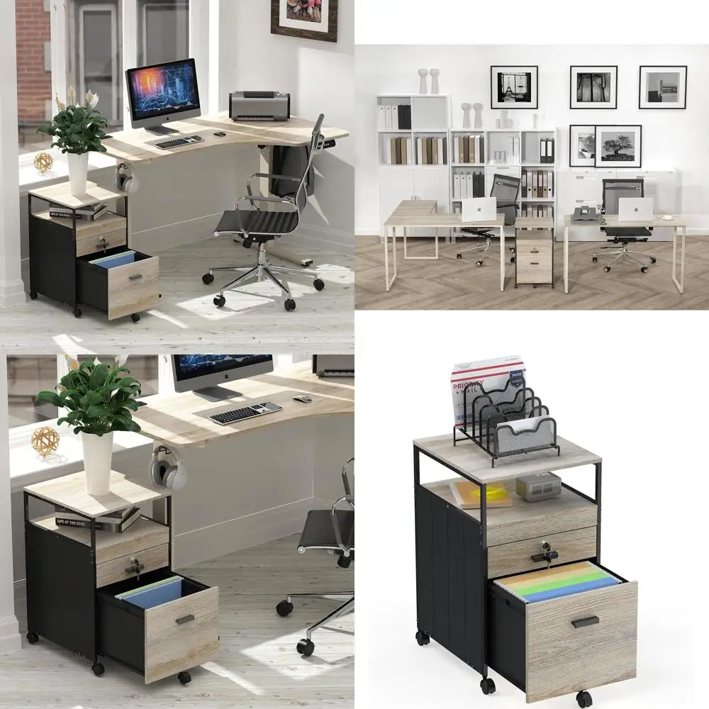 

Maple Rolling File Cabinet with Open Shelf and Secure Locking Drawer