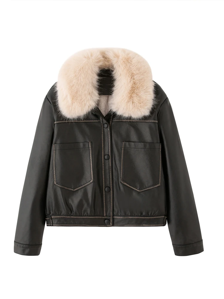 سترة كلاسيكية من الجلد الصناعي مع ياقة من الفرو سترة نسائية دافئة لخريف وشتاء 2026 سترة قصيرة للدراجات النارية معطف فاخر INKEO 5D132