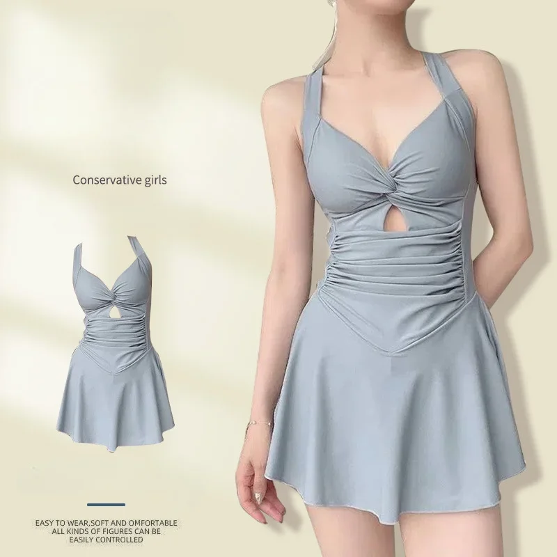 2026 Women's Solid-Colored One-Piece Swimsuit: Slimming, Waist-Cinching & Conservative Design for Vacation Trips