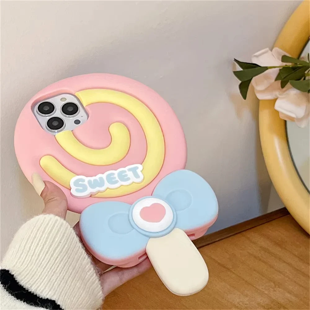 Korean Cute 3D super sweet lollipop pink silicone phone case for iPhone 11 12 13 14 15Pro Max Fun cartoon protection soft cover