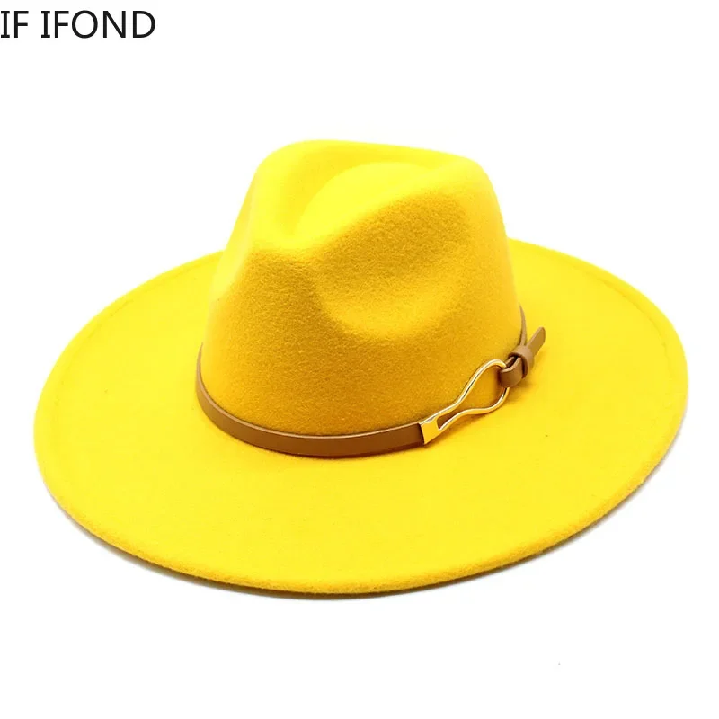 2022 Fedora Hat Women Big Wide Brim 9.5cm Vintage Khaki Felted Jazz Hat Winter Formal Dress Cap sombreros de mujer