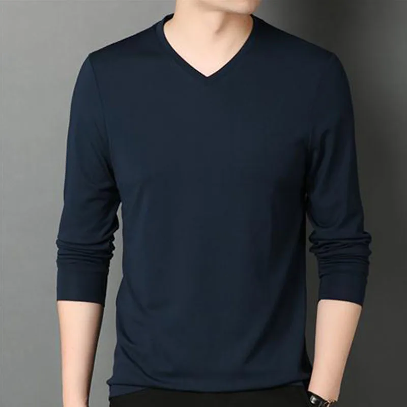 Fashion Men Solid Basic T-Shirts Spring Autumn Male Clothes V-Neck Tee Long Sleeve Bottoming Thin Slim Casual Pullover Tops 5XL