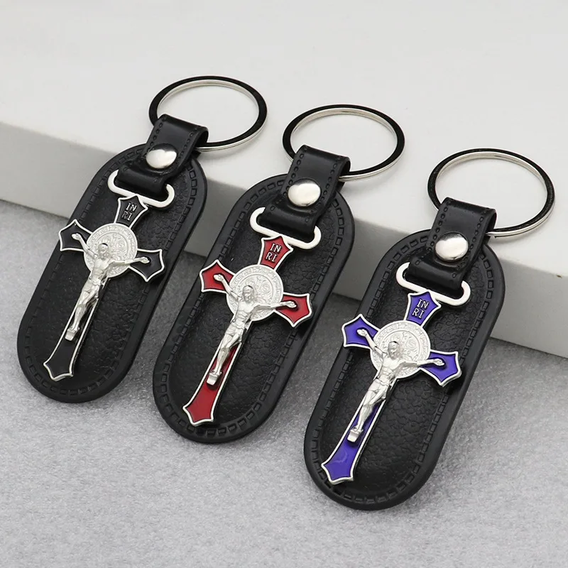 Diyalo Catholic Cross Christ Jesus Guardian Driver St Christopher Keychain Car Bag Pu Leather Key Rings Hangings Church Supplies