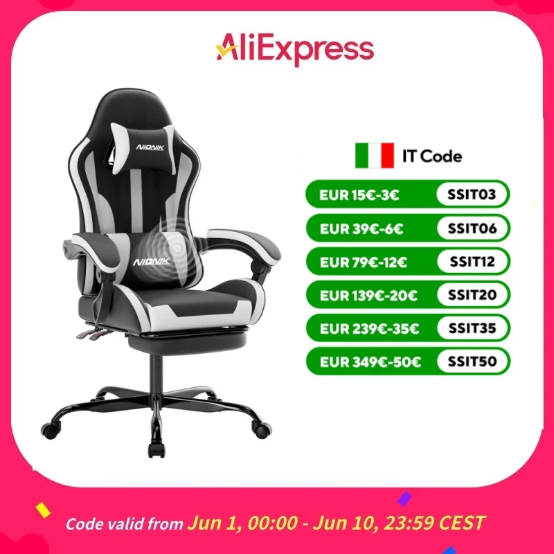 Sedia da gaming ergonomica con poggiatesta e supporto lombare, ideale per l’ufficio, la sala da gioco o la casa, dotata di poggiapiedi.