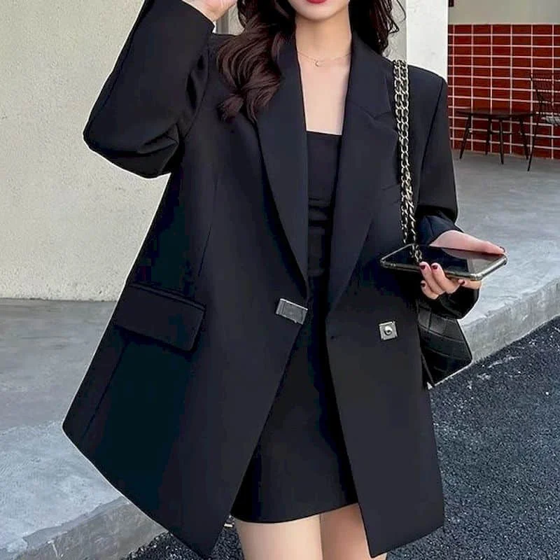 Solid Blazers for Women Elegant Oversized Long Sleeve Casual Basic Jackets Vintage Tailored Collar Coats Korean Style Women Tops