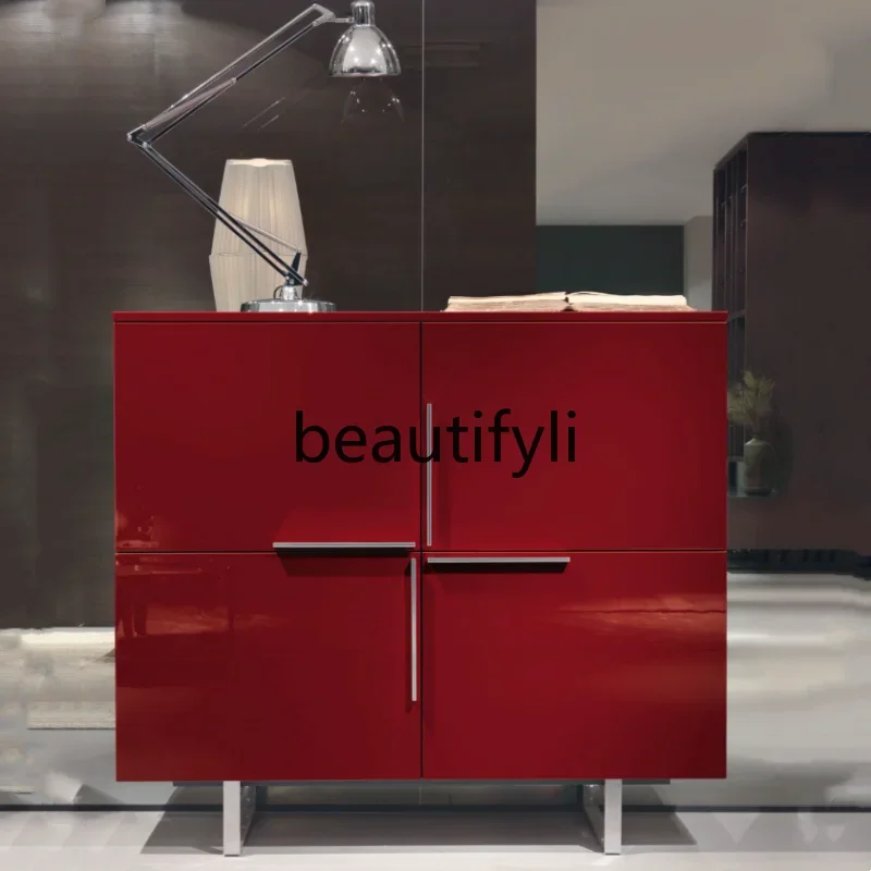 2003Italian Minimalist Solid Wood Glossy Piano Lacquer Sideboard Cabinet Living Room Entrance Storage Wine Cabinet
