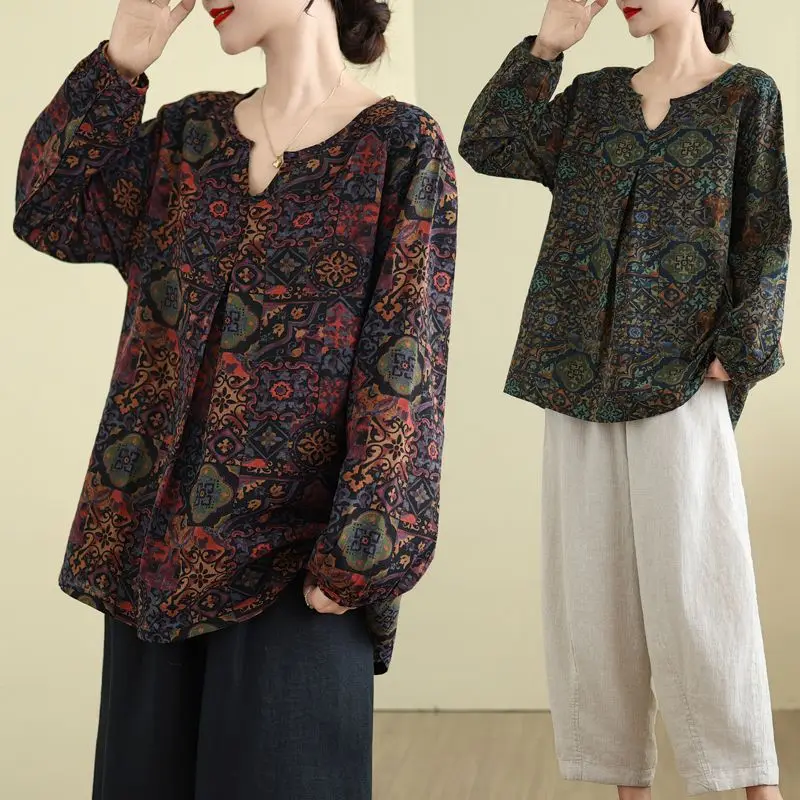 

Ethnic Retro Print Cotton Linen Plus Size Loose Top Shirt for Elderly Women