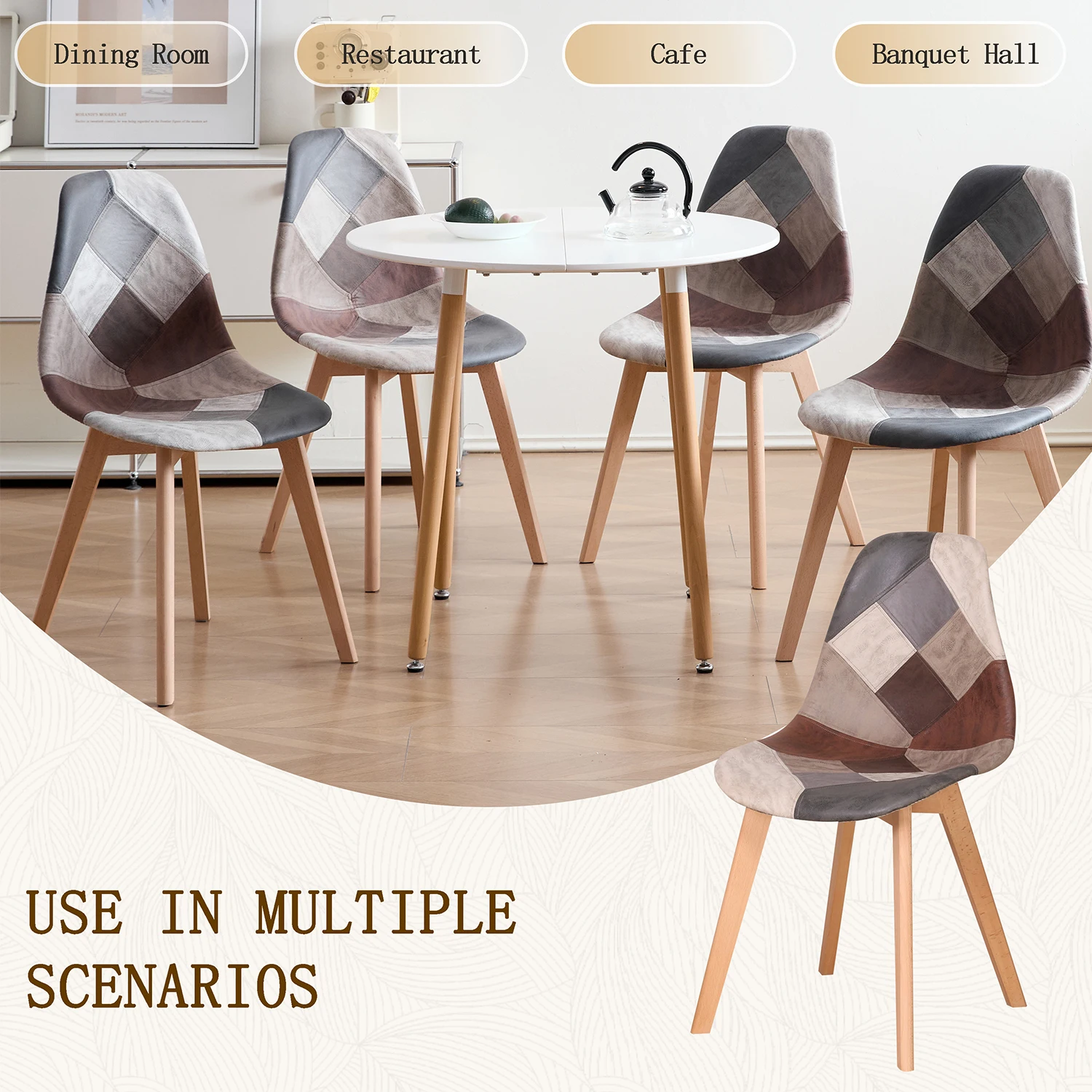 GrandCA HOME 4-teiliges Set Nordische Mittelalterliche Esszimmerstühle mit Buchenholzbeinen und Patchwork-Stoff für Küche, Esszimmer, Wohnzimmer – Detail 6
