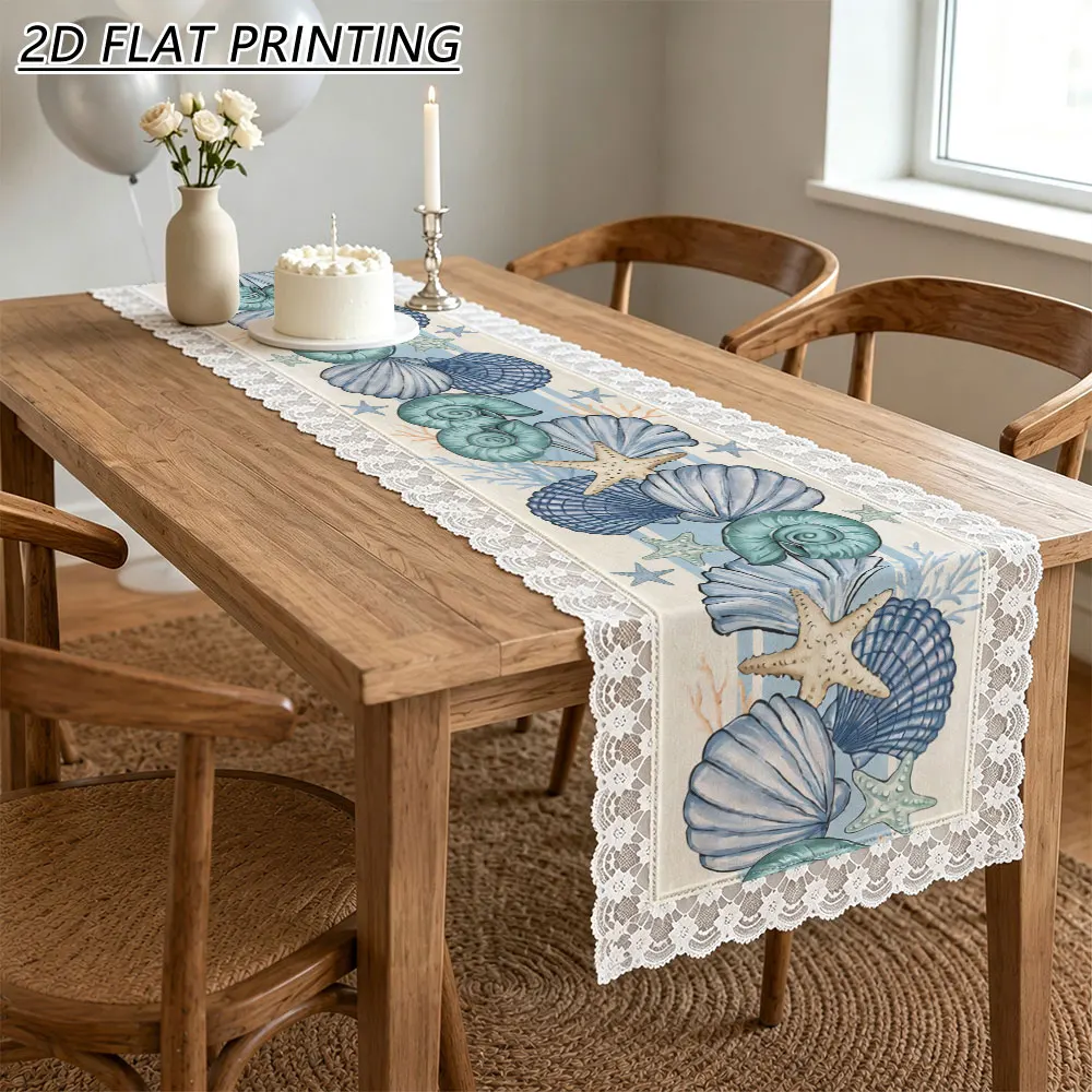 1pc Summer Seashell Starfish Pattern Tulle Lace Table Runner For Home Coastal Beach Dining Table Decor