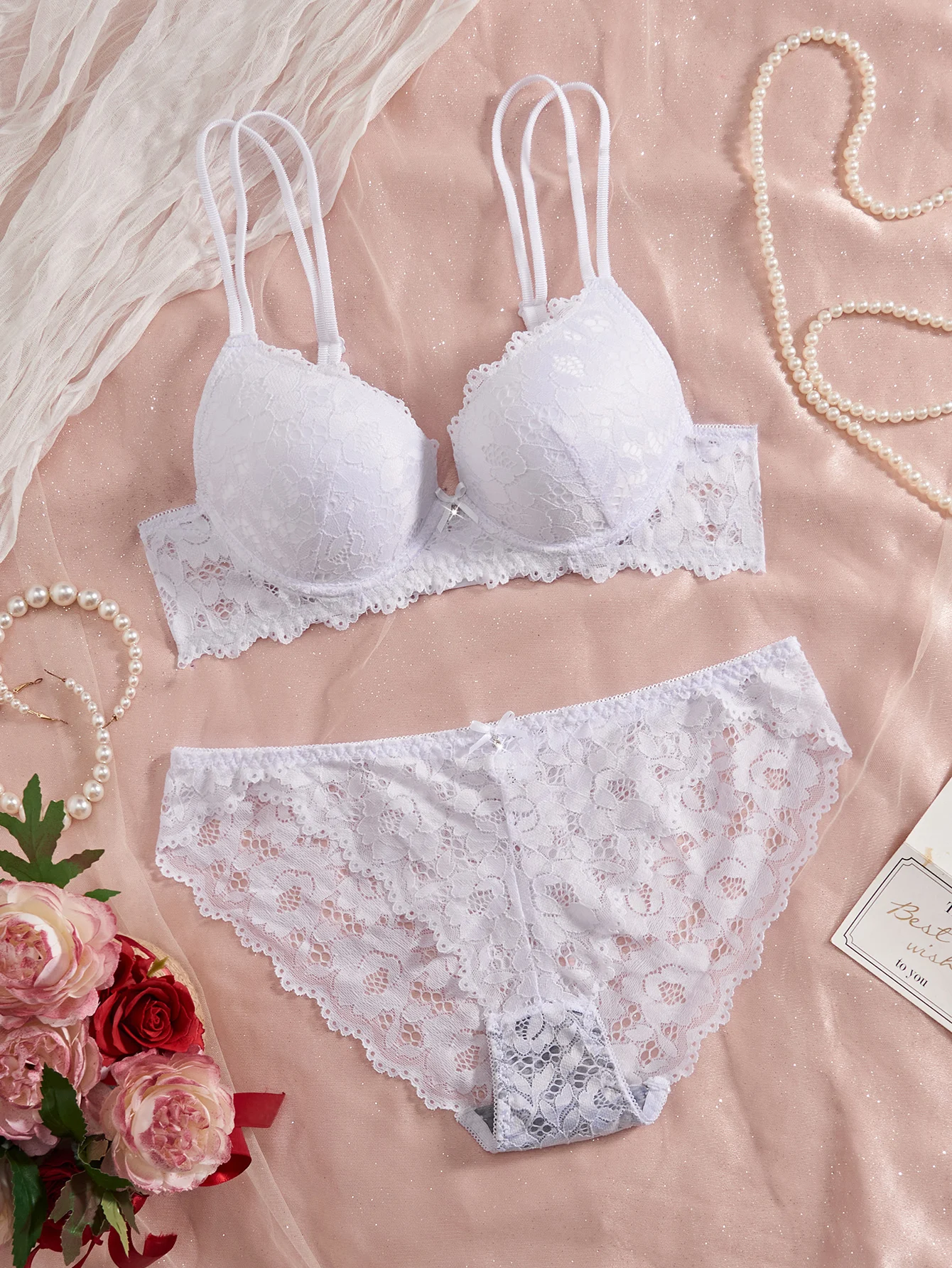 Sexy Dessous-Set für Damen, Spitze, Patchwork, einfarbig, mit Schleife, Strasssteinen verziert, Push-up-Effekt, doppelte Träger, ungefüttert, bequeme Unterwäsche, Spitze, halbtransparent, atmungsaktive Unterhose. – Detail 11