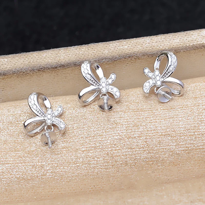 Bow Knot 925 Sterling Silver Pendant and Earrings Set Base Mounts Findings Mounting Jewelry Set Parts Fittings for 9-11mm Pearls