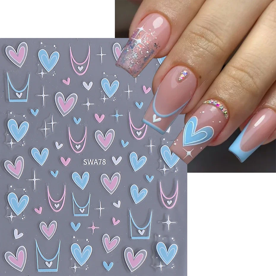 3D Pink Blue Heart French Lines Nail Sticker Elegant Valentine's Day Decal Slider DIY Professional Manicure Art Decoration Tips