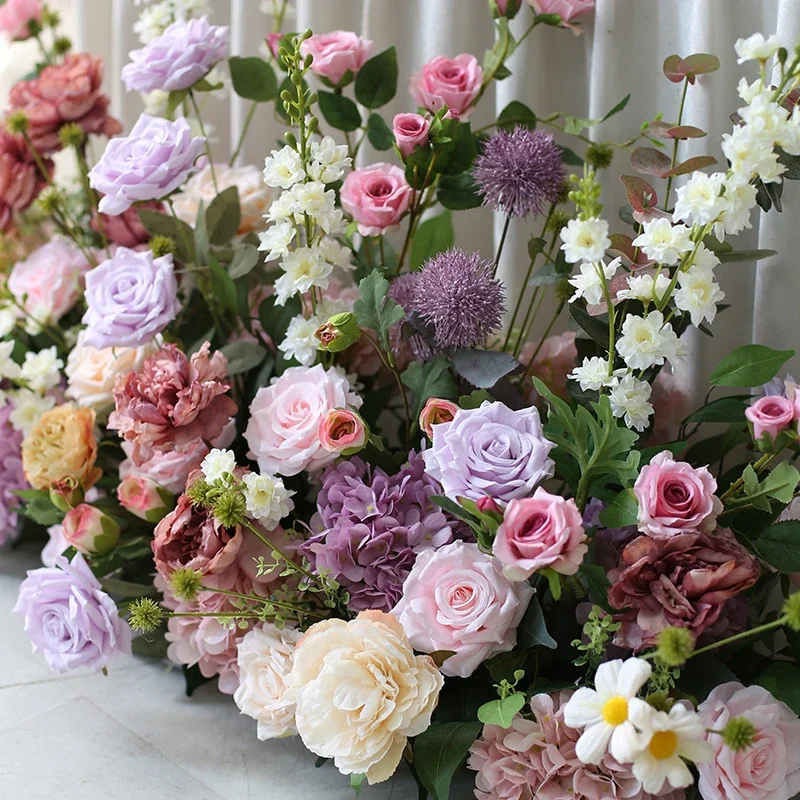 Artificial Multicolor Roses Flower Runners Hanging Garden Decoration Outdoor Wedding Table Centerpiece Hanging Flower Row