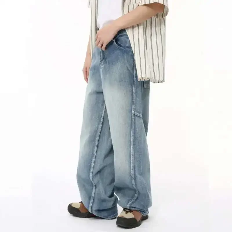 American Style Men' Denim Pants Casual Multi-level Patchwork Straight Buttom Loose Wide Leg Male Jeans New Chic