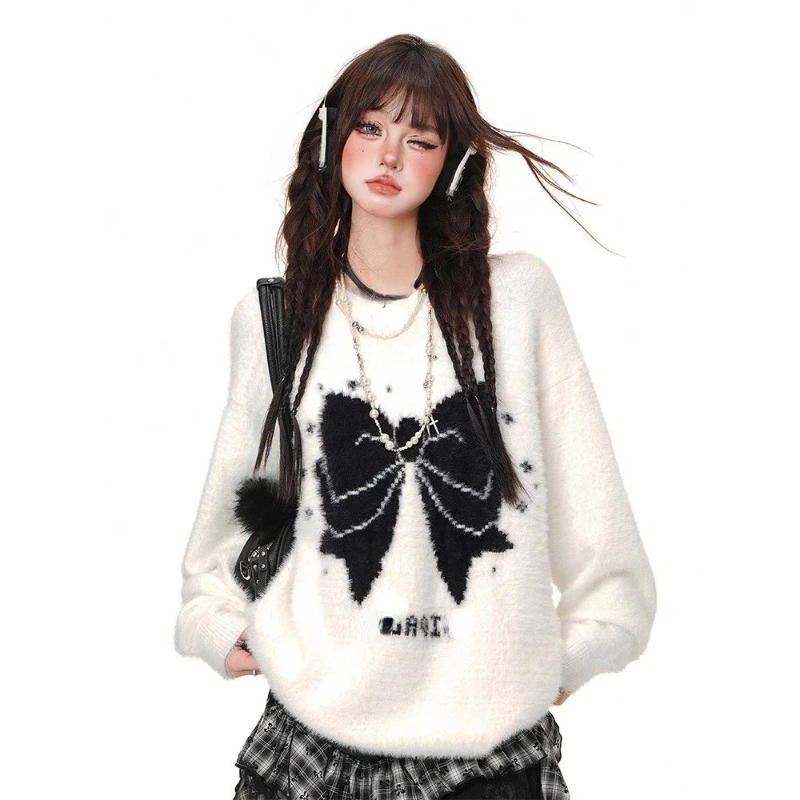 Woman Harajuku Kawaii Knitted Sweater E-girls Loose Y2k Print Pullovers Casual Korean Fashion Sweet Jumpers Spicy Girls Chic