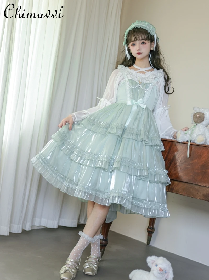 Original Lolita Style JSK Three-Section Cake Dress Autumn New Sweet Girl's Bean Green Elegant Ladies Daily Mid-length Dresses