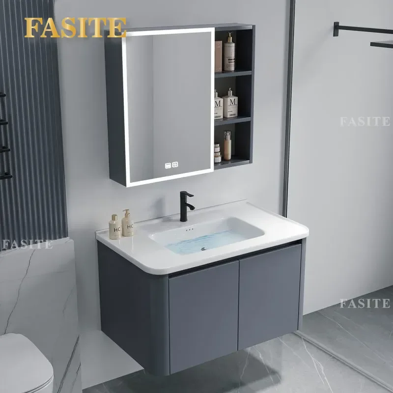 For Bathroom Wall Mounted Vanity Cabinet with Ceramic Integrated Rock Slab Sink Round Corner Washbasin Combo for Balcony