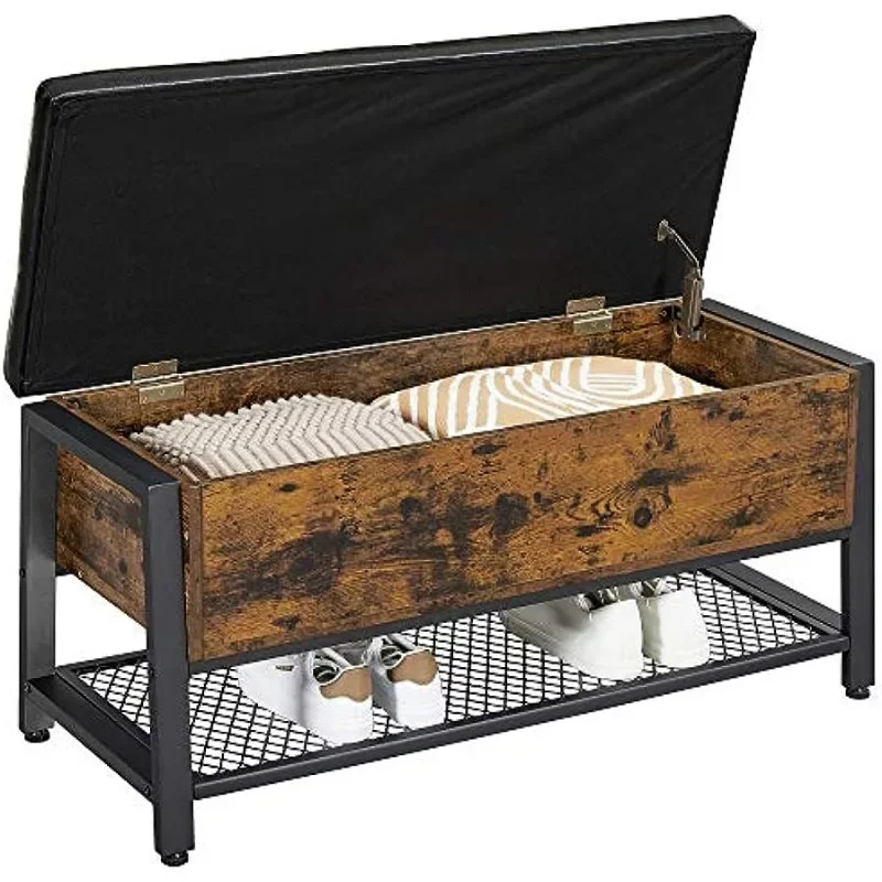 

Industrial Storage Bench, Bed End Stool with Padded Seat and Metal Shelf, Sturdy Steel Frame