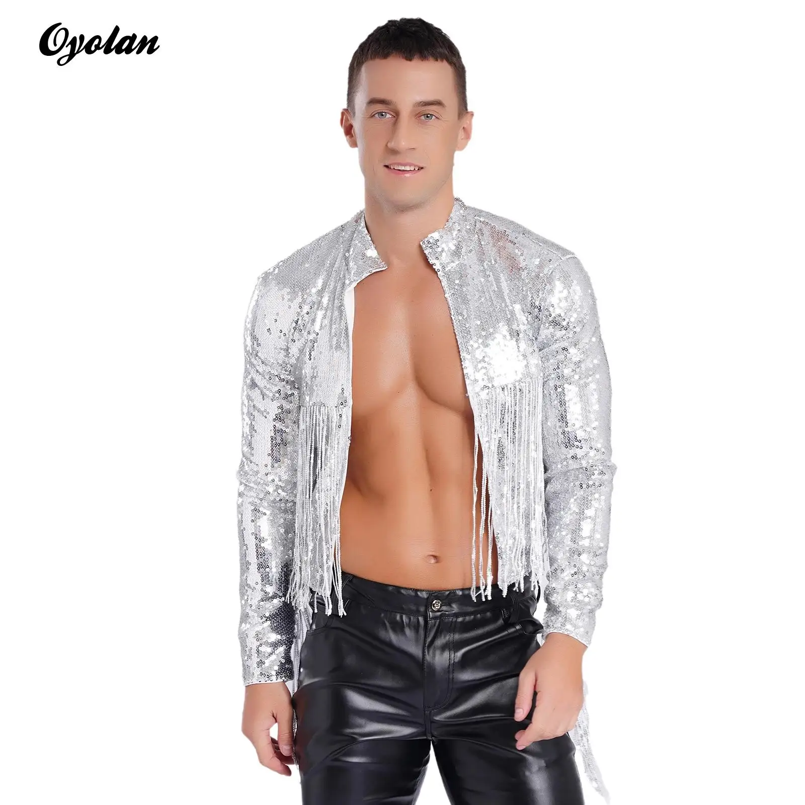 

Mens Glittery Sequin Tassel Bomber Crop Jackets Disco Bar Pole Dance Rave Outfits Long Sleeve Open Front Crop Blazer Outerwear