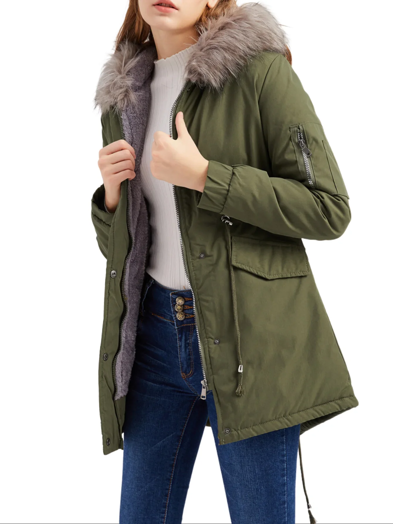 Casaco acolchoado quente de manga comprida feminino, jaquetas com cordão, parka com zíper, comprimento médio, monocromático, casual, inverno, 2023