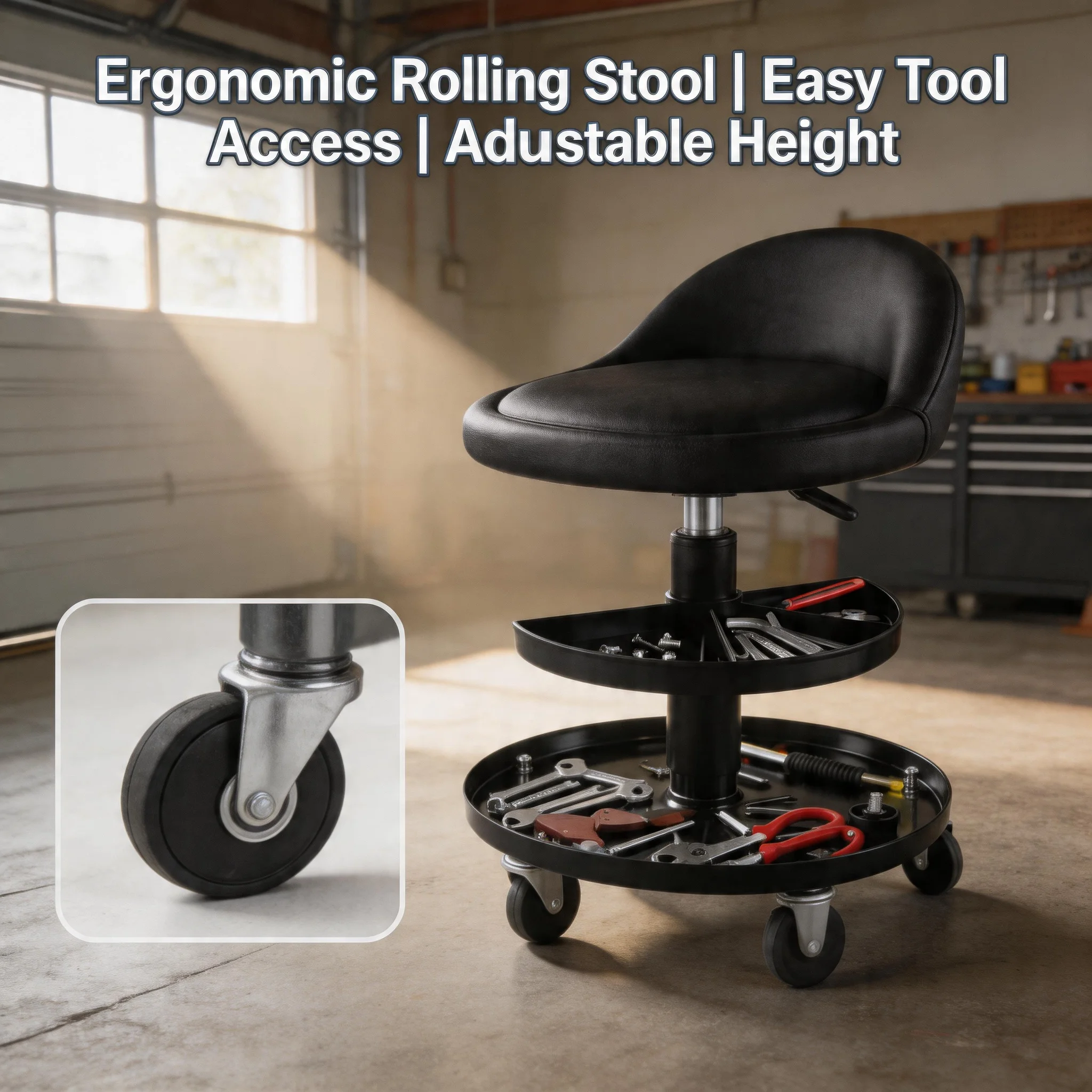 

360 Degree Rotation Car Repair Creeper Adjustable Work Stool with Backrest Anti-Slip Double Tool Roll Body Repair Equipment
