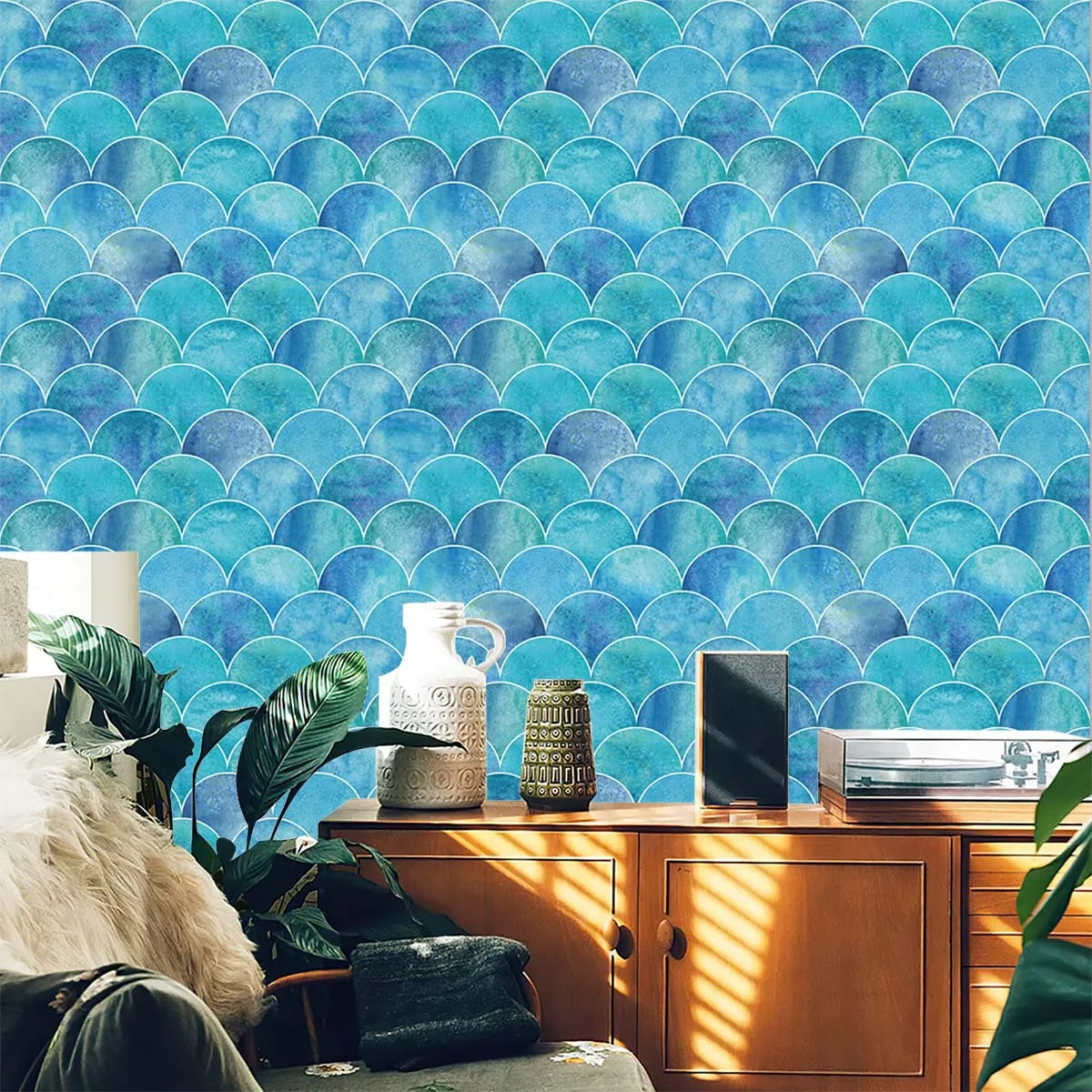 

Peel & Stick Wallpaper Blue Fan-Shaped Contact Paper Self Adhesive Removable Wallpapers for Cabinets Walls Countertop Vinyl