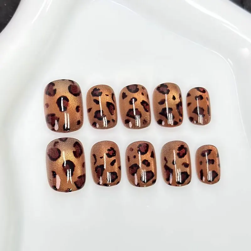 10 Stück Französischer Stil Leopardenmuster mit Katzenaugen-Effekt Aufklebbare Nägel Kurze Ovale Form Hochwertige Nagelspitzen Maniküre-Aufkleber Nagelkunst – Detail 8