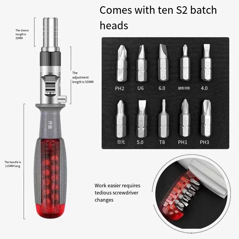 11 in 1 Ratchet Screwdriver Set Telescopic Screwdriver Two-way ABS Handle Adjustment Forward Reverse Multifunctional Bits Driver