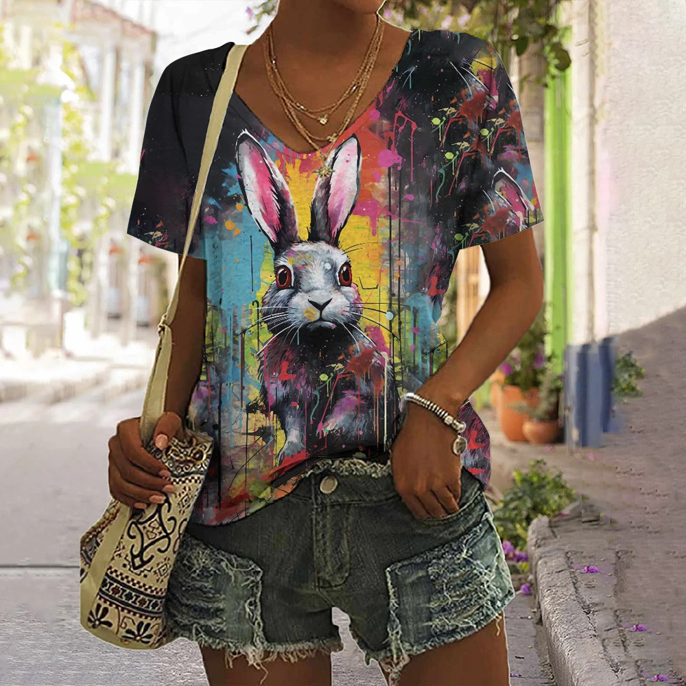 Summer Loose V-Neck T Shirts Clothing Women Oversized Short Sleeves T-Shirt Everyday Outdoor Clothing Woman Animals Print Tops