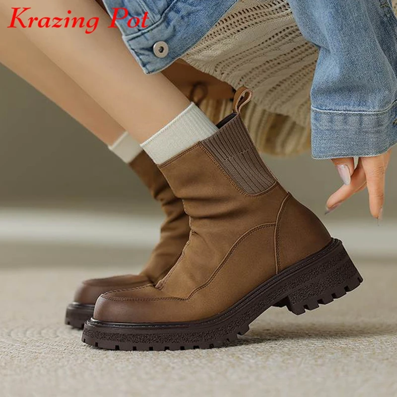 

Krazing Pot Cow Leather Round Toe Med Heels Winter Warm Fashion Chelsea Boots Zipper British School Retro Fashion Ankle Boots