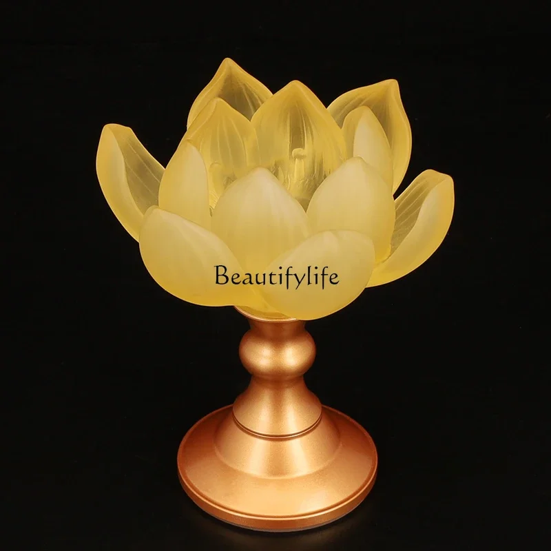 Glass Candlestick Pure Copper Buddha Lamp Buddha Worship Guanyin Bodhisattva Lotus Buddha Lamp