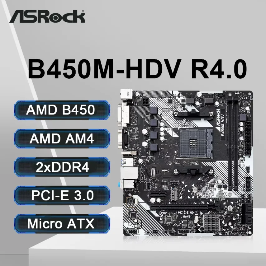 Placa base ASRock B450M-HDV R4.0 2xDDR4 memoria DIMM M.2 NVME SATA3 AM4 compatible con CPU Ryzen 5 5600 5600G R7 5700X3D