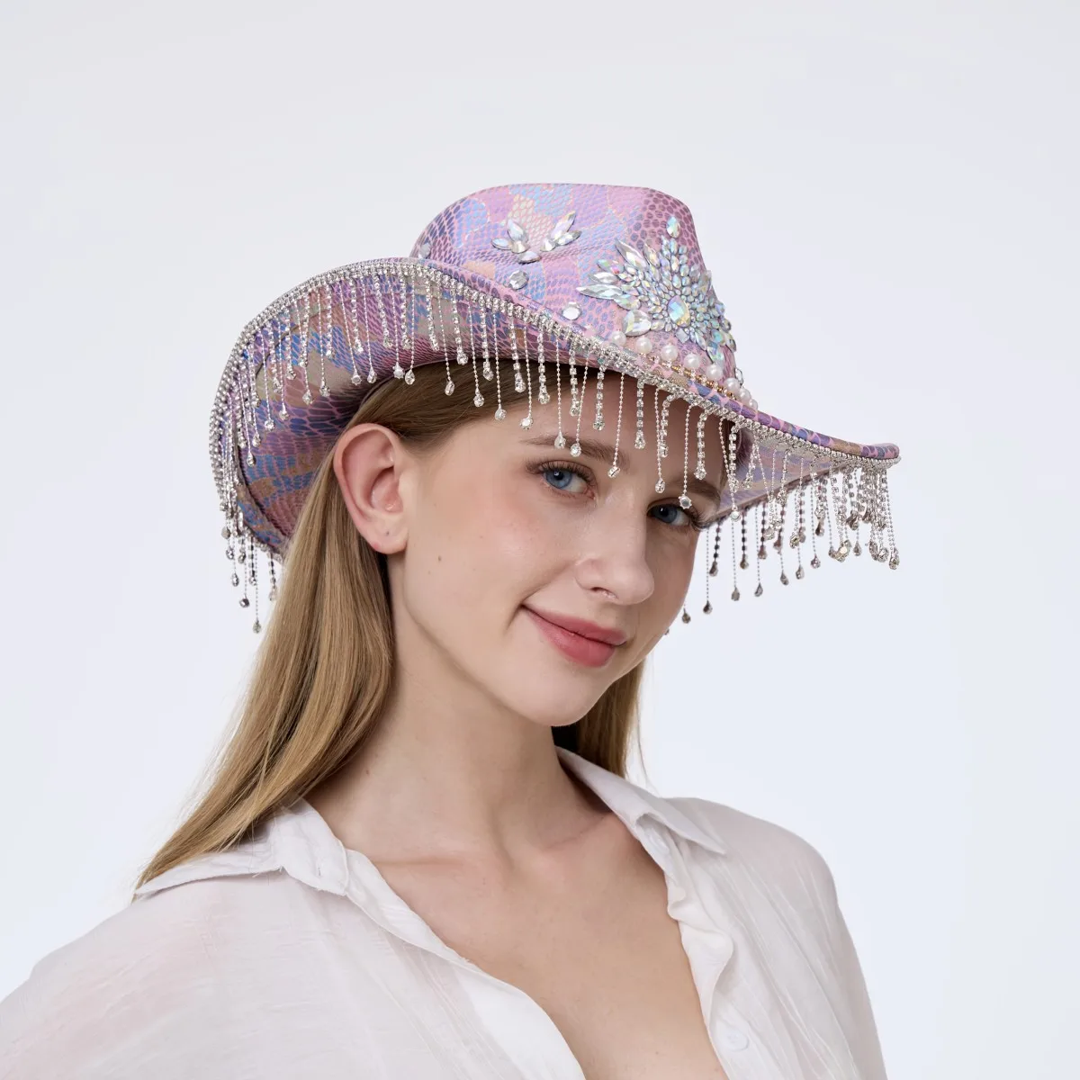 HongLuan Brokatowy Kapelusz Kostiumowy dla Dorosłych i Kapelusze Kowbojskie z Cyrkoniami dla Kobiet, Akcesoria do Cosplay Kowbojki i Kapelusz Kowbojski