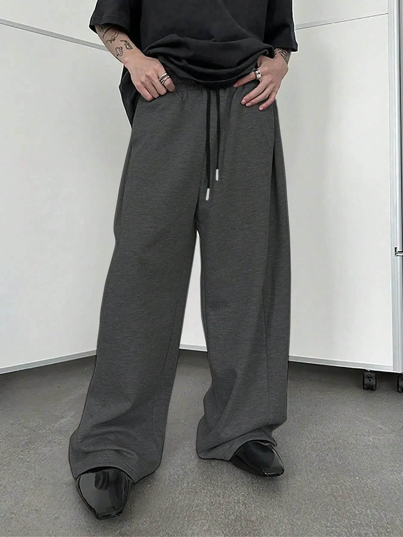Mens Solid Color Sanitary Winter Pants 2026 Drawstring Waist Straight Wide Leg Loose Fit with Pockets Versatile Sports Trousers