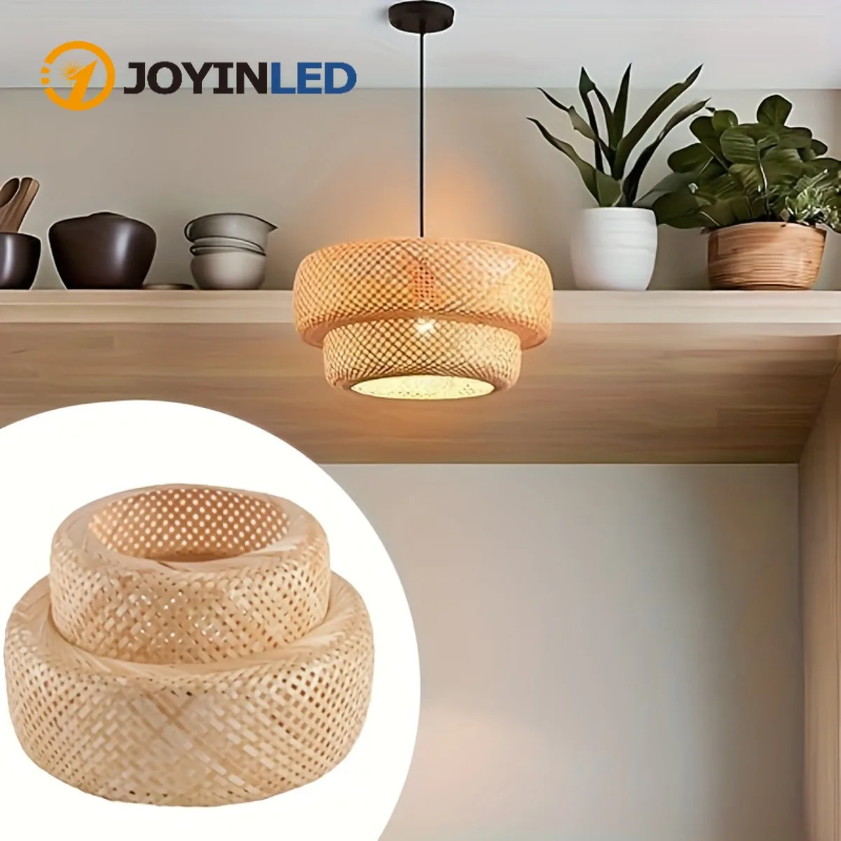 JOYINLED Bamboo Lampshade Chandelier, Hand Woven Rattan Pendant Lamp Shade for Living Room Dining Room Bedroom Farmhouse light
