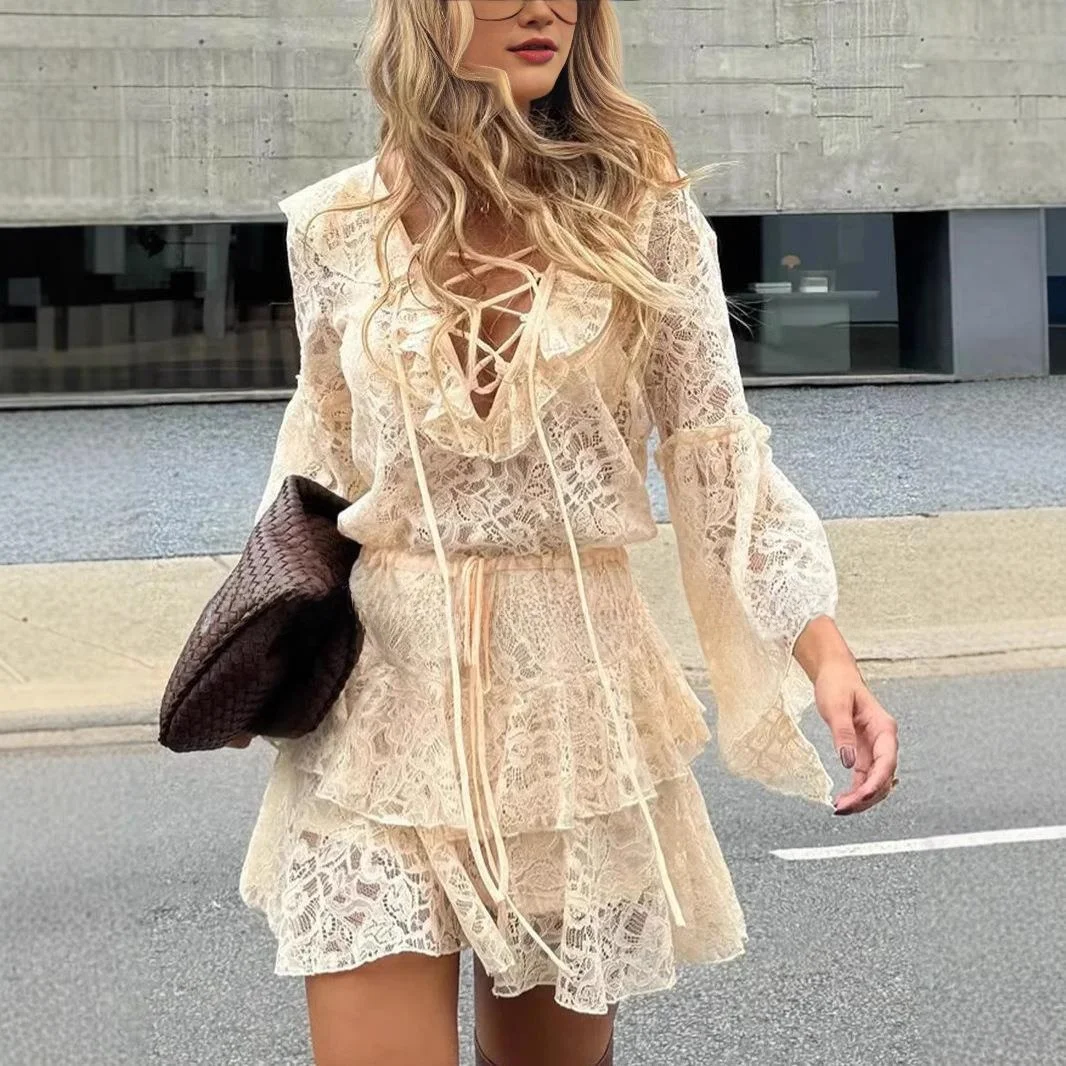 

Лето 2025 ort Lace Dr V-Ne Holiday Sve Long Bell Sve Независимая станция Трансграничный повседневный праздничный Dr
