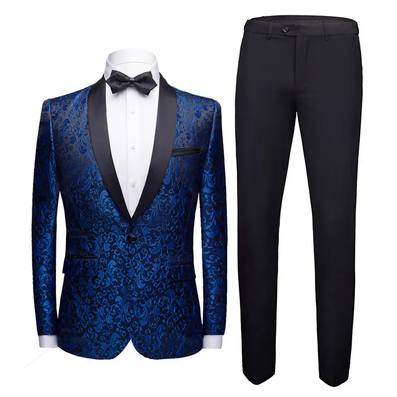 2023 Oversized Men\'s Floral Suit Pants Set, Slim Fitting Wedding Groom Dress, Banquet Stage Outfit