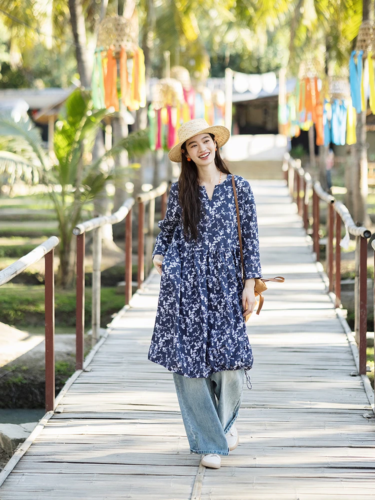 

Flowering 124 Small V-neck Pleated Waist Drawstring Long Sleeve Midi Dress Casual Style Linen Dress Ladies A-line Skirt