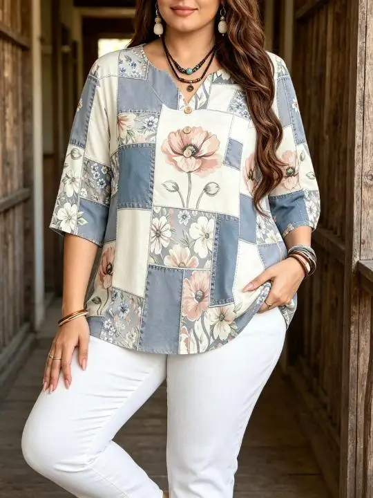 Women Boho Retro Patchwork Grid Floral Print Blouse For Curvy Figures Notched Neck 3/4 Sleeve Loose Casual Ladies Tops