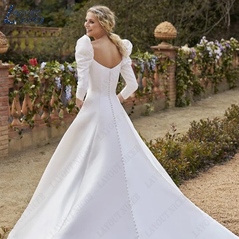 NICEB-vestido De Novia De satén con escote corazón para mujer, Vestidos De Novia De manga De tres cuartos, vestido De princesa con botones De línea A, diseño vestido De Novia De satén con escote corazón para mujer, Ves