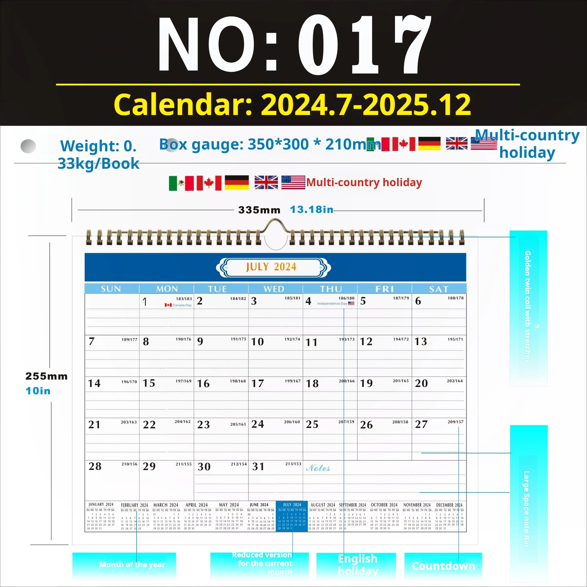 2024-2025 Wall Pendant Wall Calendar, Desk Calendar, 18-Month English Calendar, Home Desk Can Be Placed