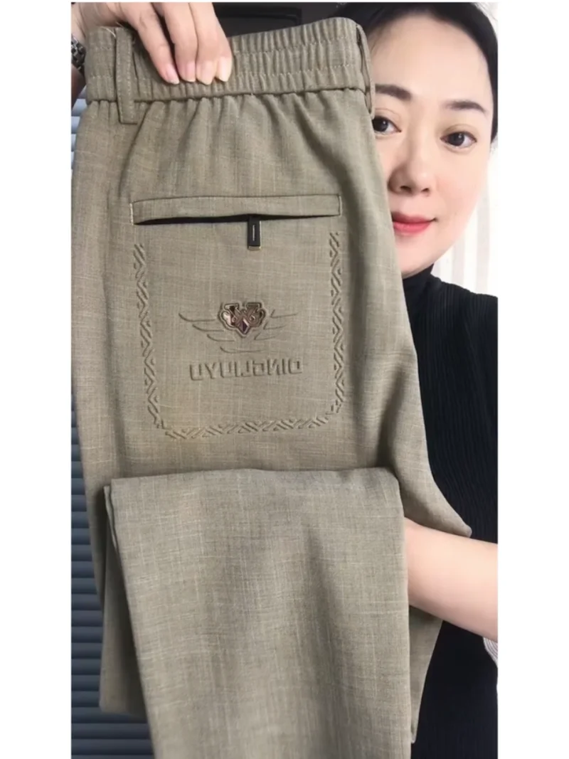 

Casual Straight Leg Pants Summer Thin Lyocell Cotton Linen Embroidery Slimming Long Trousers Elastic Waist Angle Pants Men
