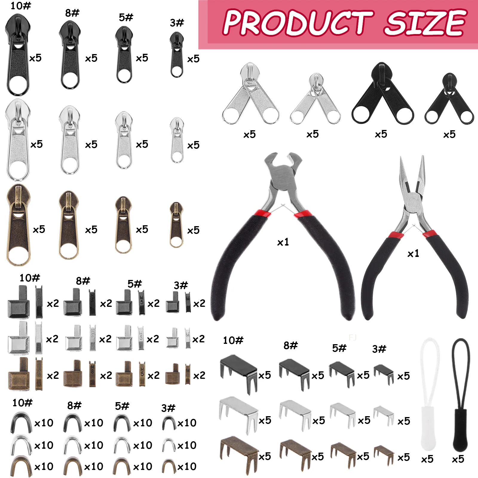 [YU]296-teiliges Reißverschluss-Reparaturset, Ersatz-Reißverschlusszug mit Reißverschluss-Verriegelung, Schieber, Reißverschluss-Stopps, Retainer-Einfügungsstifte, Reißverschluss