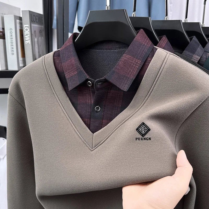 

Лидер продаж, новая зимняя мужская клетчатая рубашка с воротником из двух предметов, роскошная брендовая утолщенная теплая футболка с длинным рукавом с принтом, повседневная/мужская одежда