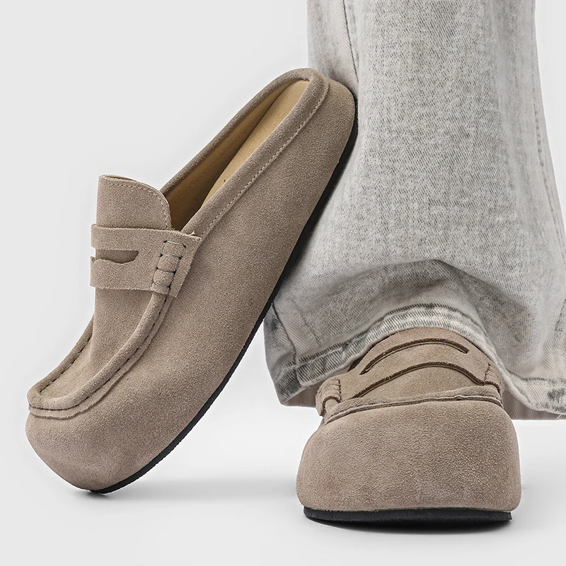 

men's fashion street style cow suede leather shoes slip-on half shoe summer breathable loafers cover toe designer cool footwear